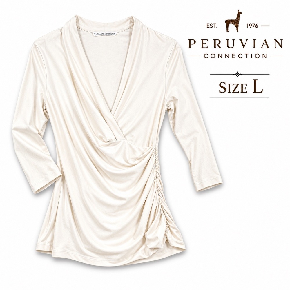 Peruvian Connection Pima Cotton Ruched Surplice Top Ivory Size L Stretch